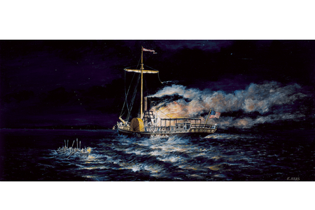 This painting depicts the night the Phoenix steamboat caught fire on Lake Champlain. 