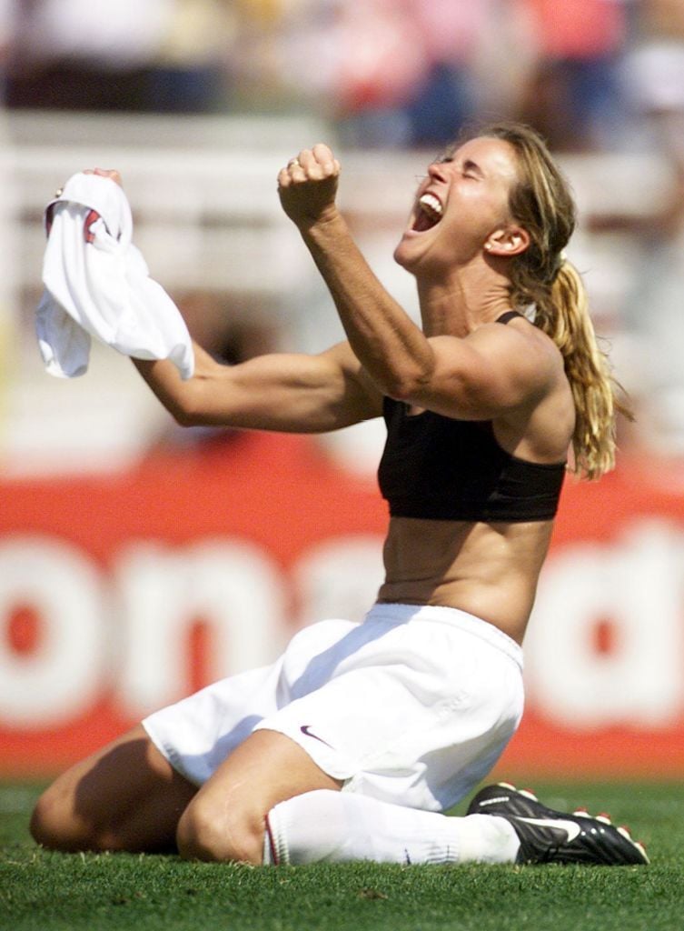 Brandi Chastain celebrates at 1999 Women's World Cup