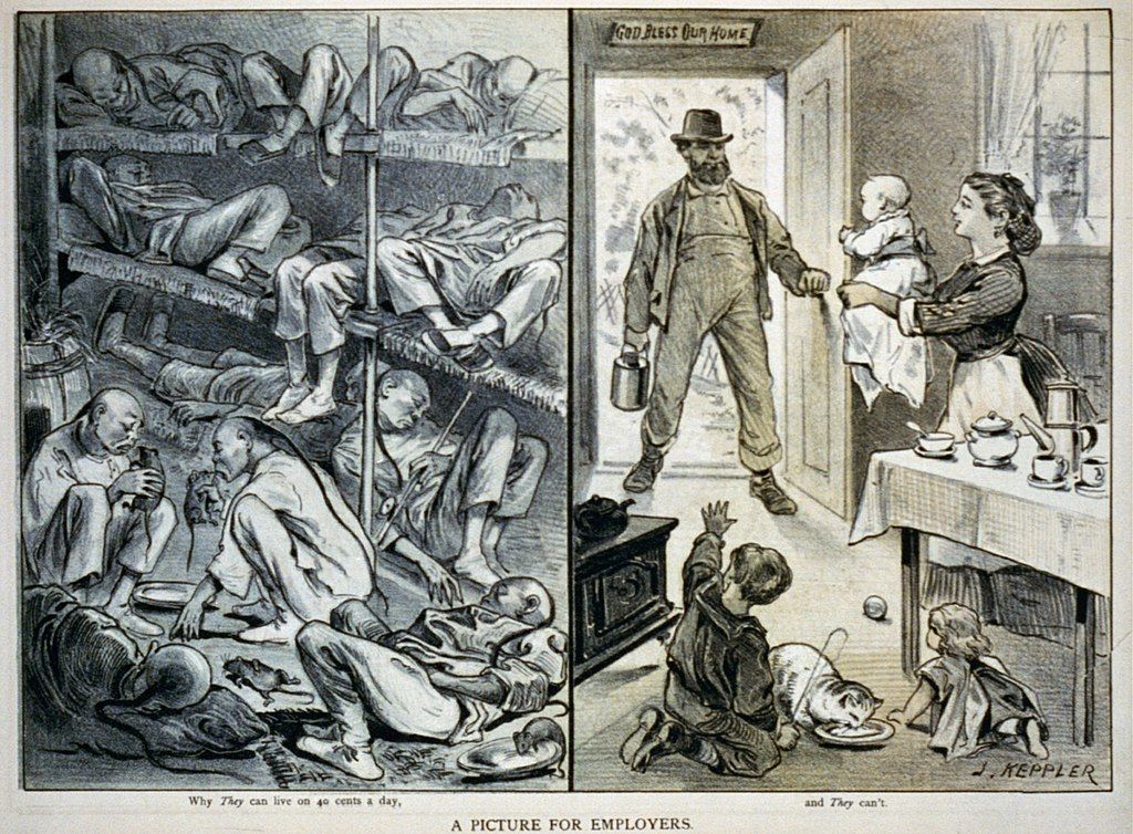 An 1878 caricature featuring a racist depiction of Chinese immigrants