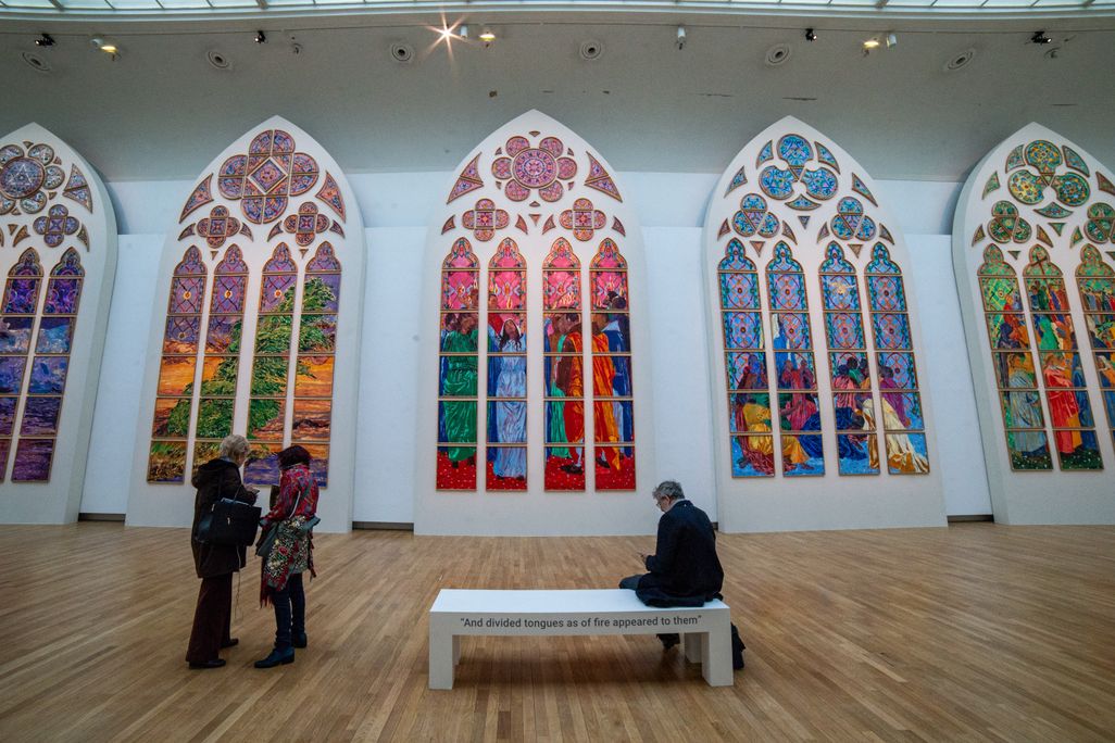The exhibition D'un seul souffle (In One Breath) displays full-size models of Claire Tabouret's stained-glass window designs for the Notre-Dame Cathedral.