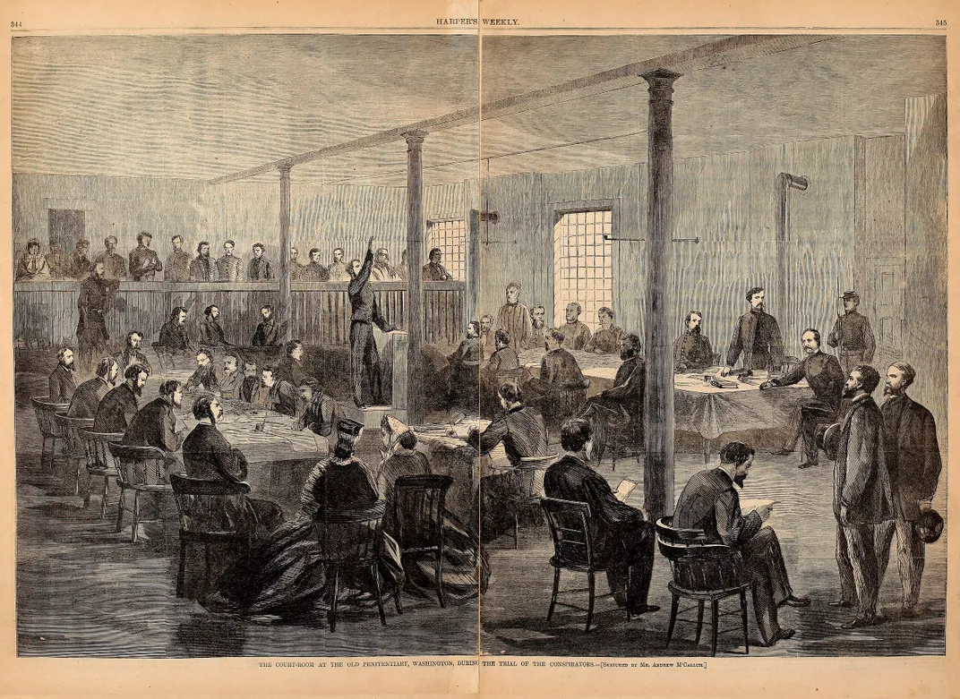 An illustration of the conspirators' trial in May and June 1865