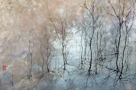 Wispy gold interneurons and astrocyte cells surround large cortical neurons in this painting of the brain&rsquo;s inner circuitry.