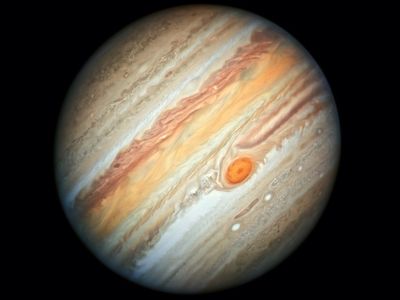 A Hubble Space Telescope portrait of Jupiter, captured in August 2019, shows the gas giant&#39;s cloud bands and storms in detail, including its iconic Great Red Spot.