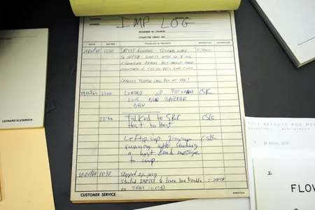 This paper log for Interface Message Processor shows the very first online communication. 