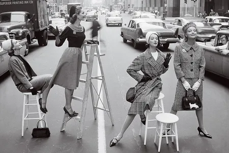 Left to right, American models Joanna McCormick, Janet Randy, Betsy Pickering and Gretchen Harris pose for Charm amid traffic on Park Avenue.&nbsp;
