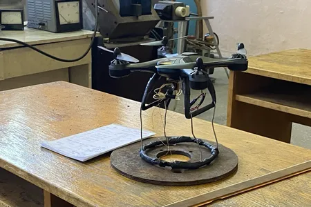 The Quadcopter Mines Detector uses a metal detector to find land mines as it flies above them.