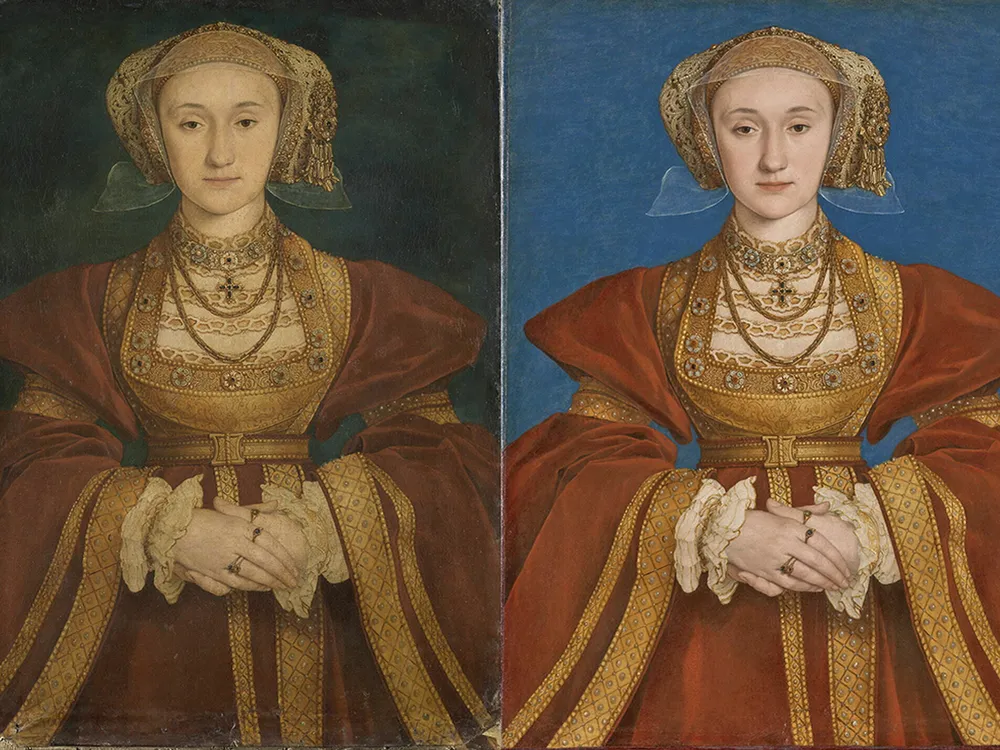 Hans Holbein the Younger's 1539 portrait of Anne of Cleves before (left) and after (right) conservation