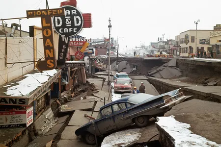 The earthquake on March 27, 1964, dropped Anchorage&rsquo;s Fourth Avenue and some cars on it roughly 20 feet below normal.