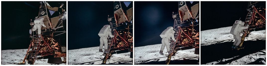 Buzz Aldrin exits the Eagle