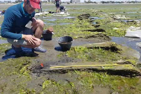 Ignacio Mundo measures one of the ship&rsquo;s ribs