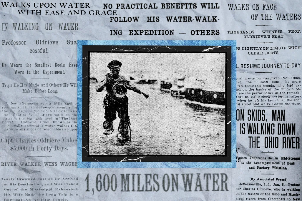 An illustration of Charles Oldrieve walking on water in front of newspaper articles about his exploits