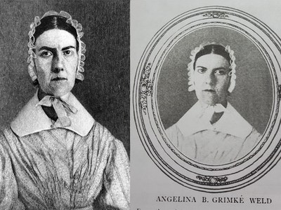 The image on the left is a wood engraving that was likely commissioned by a popular magazine hostile to abolitionism and happy to render Angelina strangely distorted. This is the first time that it has been published next to the photo on the right, on which it was based and which was likely taken in the 1840s.