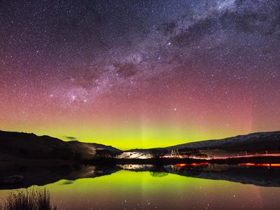 Aurora Australis seen over Lake Dunstan, New Zealand.