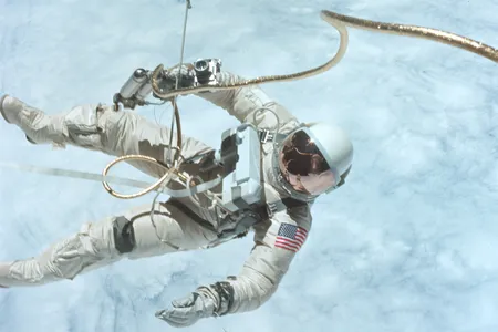 Ed White, in his element. Back inside the spacecraft, he told McDivitt, “That was the most natural feeling, Jim.” Said his friend, “You looked like you were in your mother’s womb.”