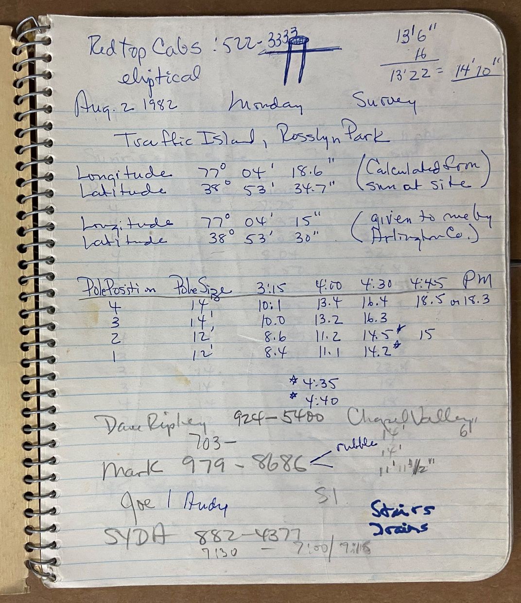 Notebook, July 20, 1983—January 1984, with Holt’s notes on the position of the vertical poles for <em>Dark Star Park</em> (Arlington, Virginia; 1979-84)  