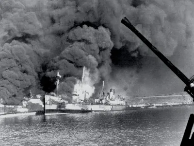 Allied freighters ablaze in the harbor of Bari, Italy, after the German attack.