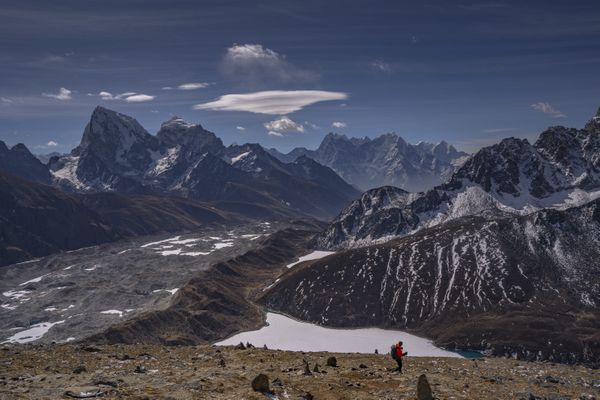 A trekker descending from Gokyo Ri and witnessing al Eight-thousanders thumbnail