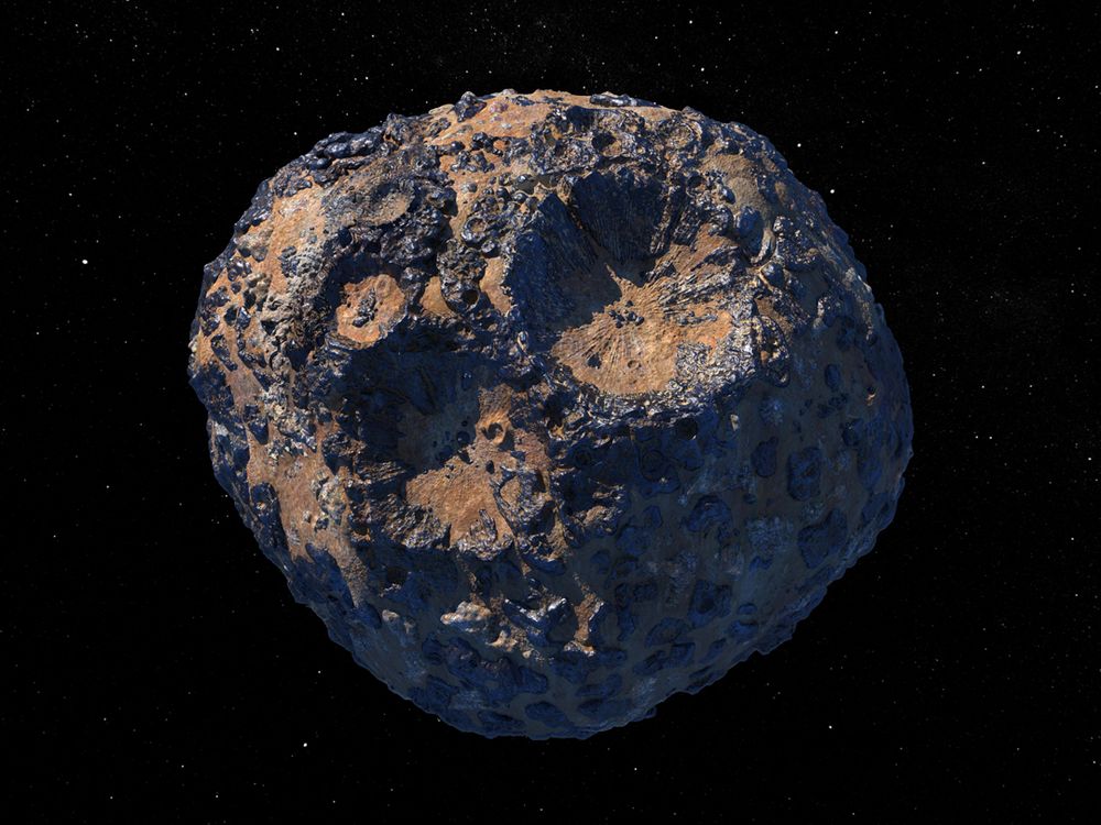 Artist's rendering of an asteroid coated with chunks of metal and with a few craters