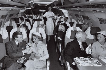 On a British European Airways Vickers Viscount airliner in the mid-1950s, passengers were served drinks and dinner—and smoked cigarettes—in “Pullman-style” comfort, unencumbered by seat belts. The debate over the use of the restraints continued into the 1960s.