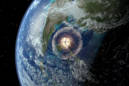 An artists interpretation of a large asteroid hitting Earth