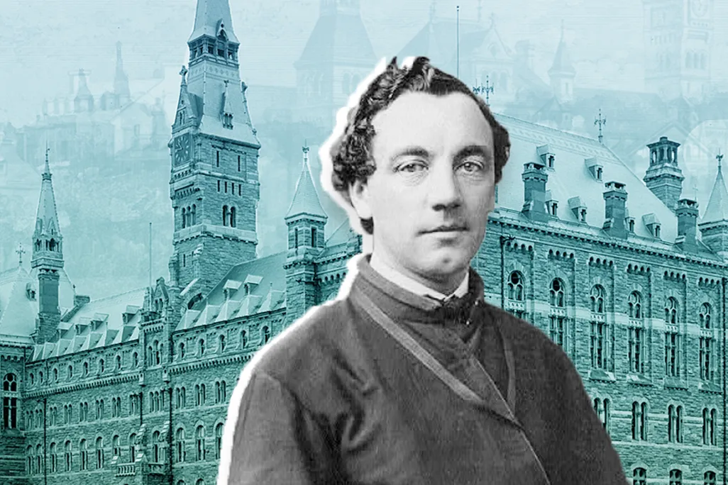 Illustration of Patrick Francis Healy in front of Georgetown University's Healy Hall