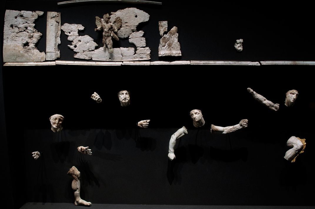 Fragments of a frieze, discovered inside Philip’s tomb, included ivory figurines. Second from left, an arresting likeness of Philip. Far right, Alexander.