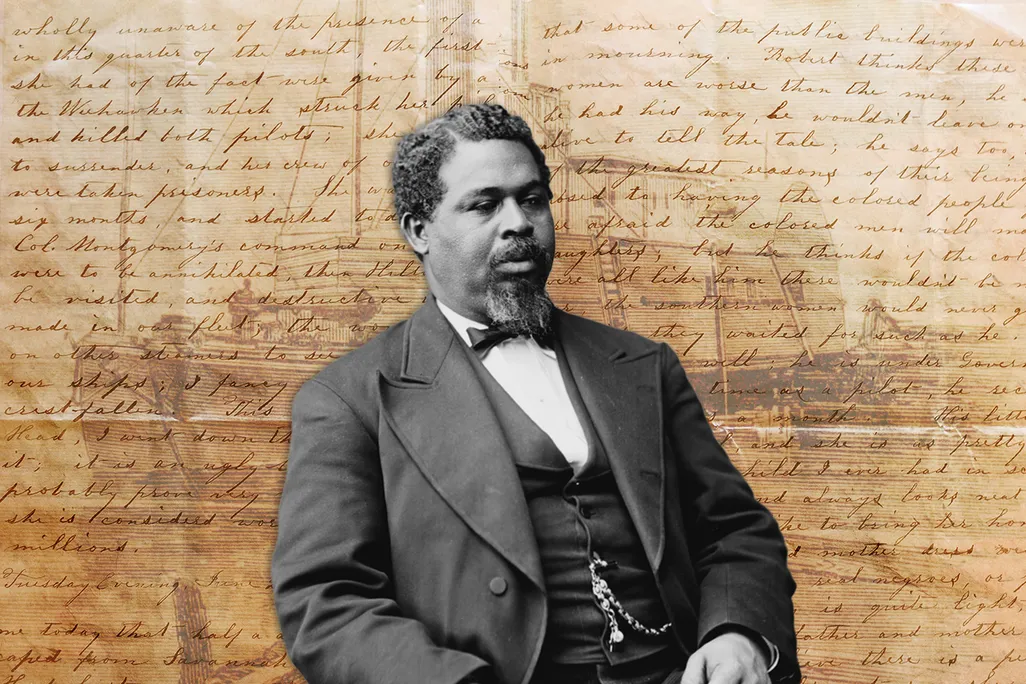 An illustration of Robert Smalls, in front of Harriet M. Buss' letter and a drawing of the CSS Planter