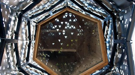 Looking up into a skyscraper for bees, designed by students at the University of Buffalo