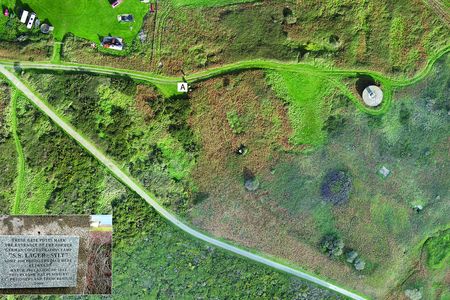 Photogrammetry view of site of Sylt concentration camp in 2017, with memorial plaque installed in 2008 seen at lower left
