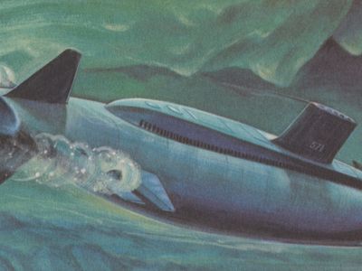 A rendering of the USS Nautilus, the world's first atomic submarine. The real Nautilus is now open to the public, docked in Connecticut so that visitors can walk around inside and explore the torpedoes and living quarters.