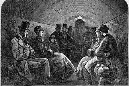 This engraving from 1870 shows the cramped conditions when a train ran through the Tower Subway tunnel. Even once the train was removed, there wasn't much more space.