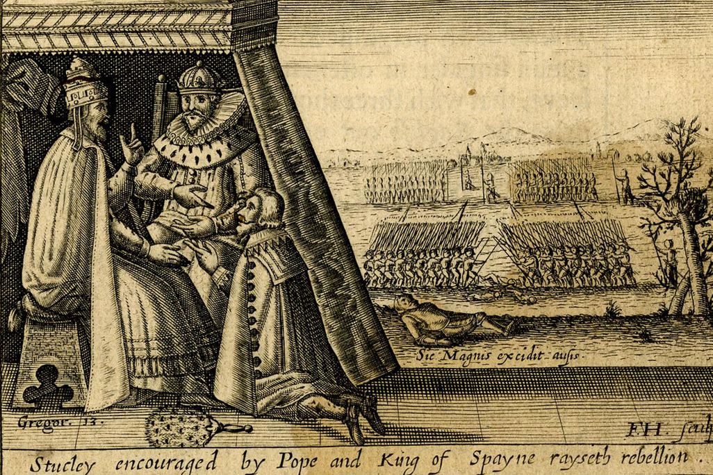 An illustration of Thomas Stukeley kneeling in front of Pope Gregory XIII and Philip II of Spain, who urge him to raised a rebellion against Elizabeth I of England