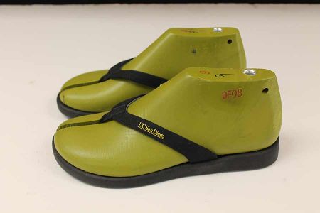 Prototype biodegradable flip-flops made using algae. 