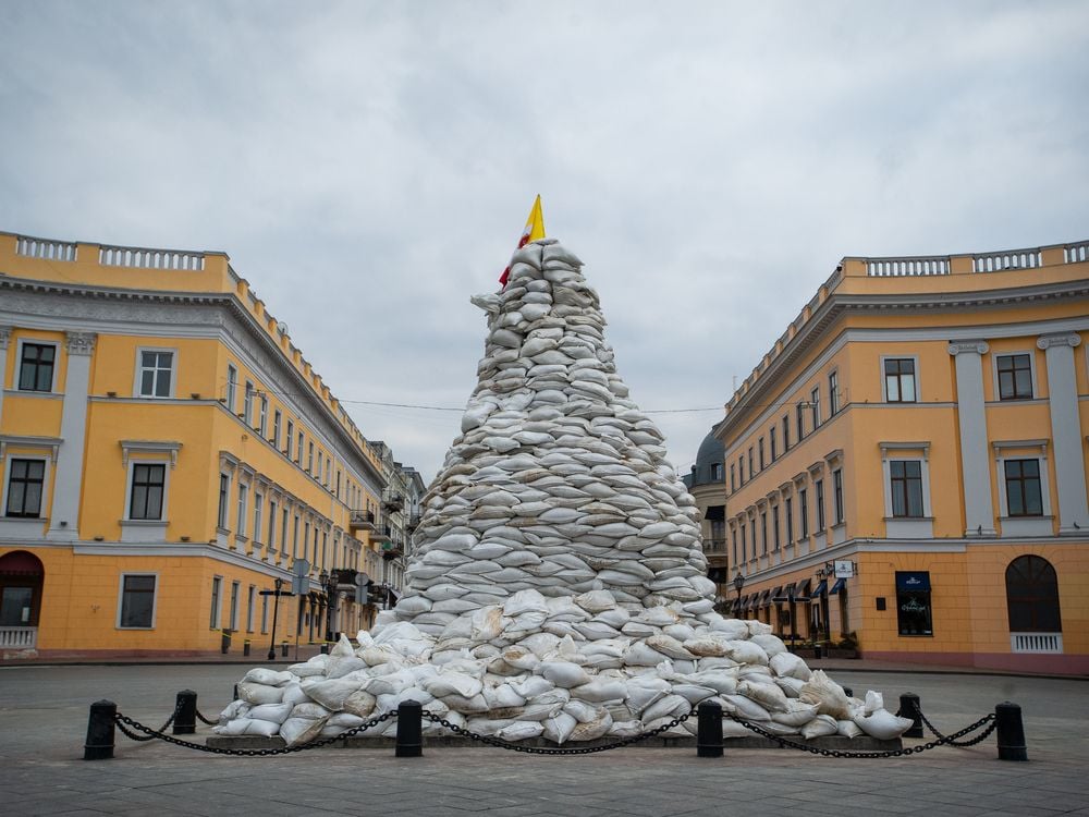 Sandbags are piled high around a statue of the Duc de Richelieu in Odessa, Ukraine, on March 14, 2022.