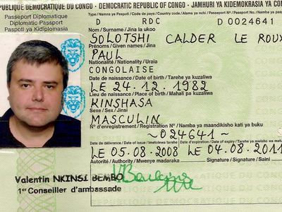Le Roux’s diplomatic passport from the Democratic Republic of the Congo, under the name Paul Solotshi Calder Le Roux