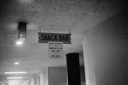 Sign outside white lunch counter in county courthouse building Montgomery, Alabama, in 1960.