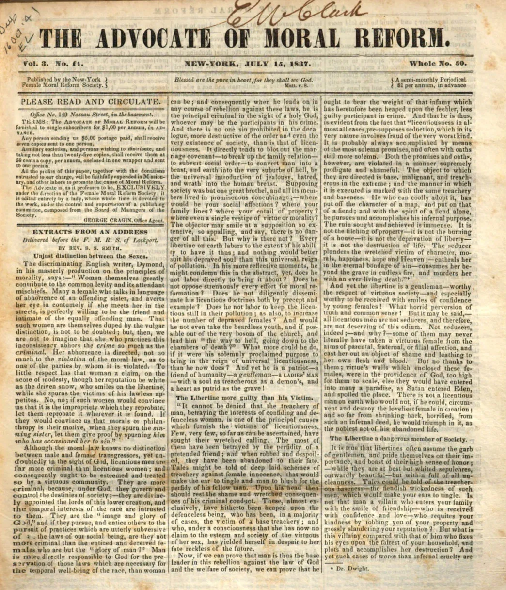The first page of the July 15, 1837, edition of the Advocate of Moral Reform