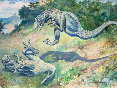 An 1897 painting by Charles R. Knight depicting two dinosaurs called &ldquo;Laelaps&rdquo; in an energetic fight, suggesting they may have been warm-blooded.