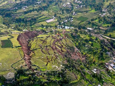 A landslide in the Cusco region of Peru destroyed more than 100 houses in March 2018.