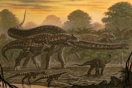 Two Majungasaurus hunting down a Rapetosaurus.