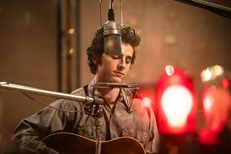 Timoth&eacute;e Chalamet as Bob Dylan in&nbsp;A Complete Unknown, a new James Mangold film