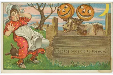 A 1908 postcard depicts Halloween mischief.
