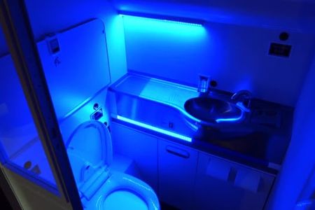 A prototype airplane lavatory by Boeing uses UV rays to zap germs. 