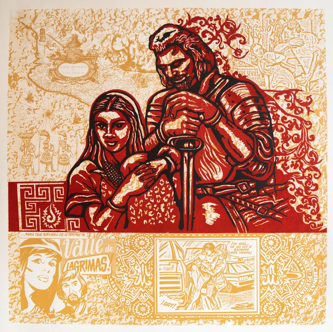 Maria Cristina Tavera, La Malinche Conquista, 2015. Screen print; 30   30 in. Courtesy of the artist.  Maria Cristina Tavera. Photo by Xavier Tavera.