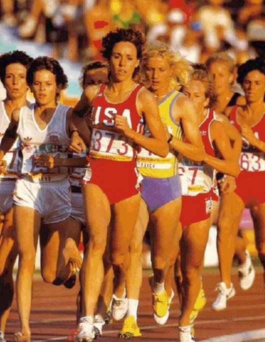 Left-right: Zola Budd, Mary Decker, Maricica Puică, 3000 m, 1984 Olympics
