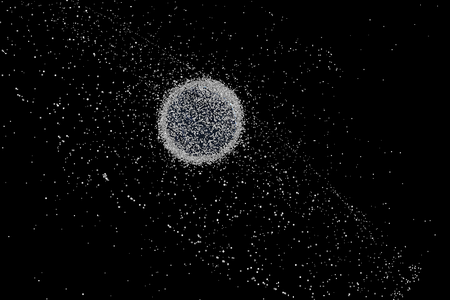 Screenshot from “The story of space debris” showing the Earth's cluttered space in 2015.
