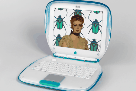 Portrait of Eleanor Garnier Hewitt, who co-founded Cooper Hewitt with her sister Sarah, painted in 1888 by Antonia de Bañuelos and an iBook Laptop Computer designed in 1999 by the Apple Industrial Design Team. 