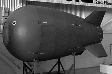 A replica of the lost Mark IV nuclear bomb at the Royal Aviation Museum of Western Canada