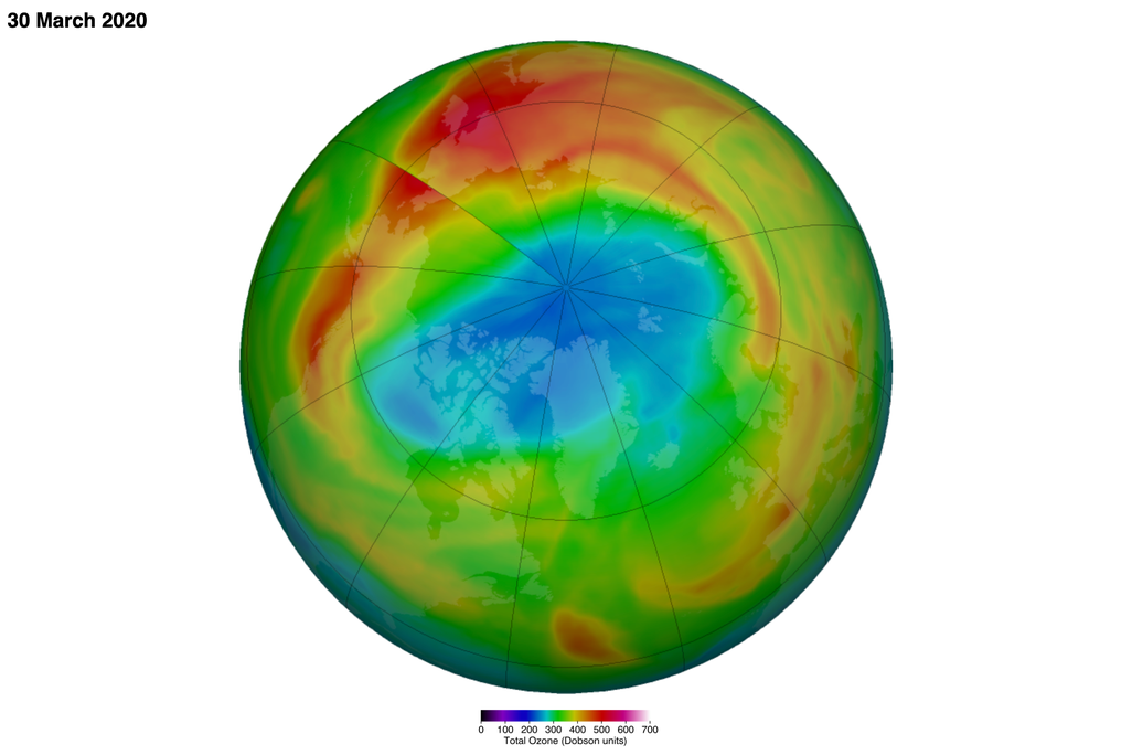 False-color model of the Northern Hemisphere shows hole in the ozone over Arctic