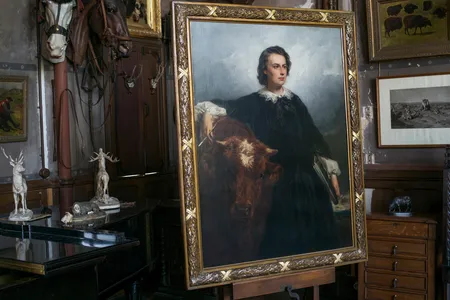 Édouard Dubufe’s portrait of Bonheur, embellished with a bull that Bonheur herself added, is on view in Bonheur’s meticulously preserved studio.